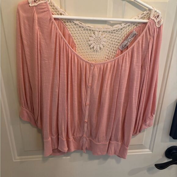 Anthropologie Love Notes Pink Puff Sleeve Cropped Blouse - Picture 3 of 5